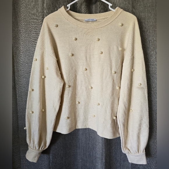Zara Ivory Puff Sleeve Sweater Pearls Size Small Oversized - Picture 1 of 3